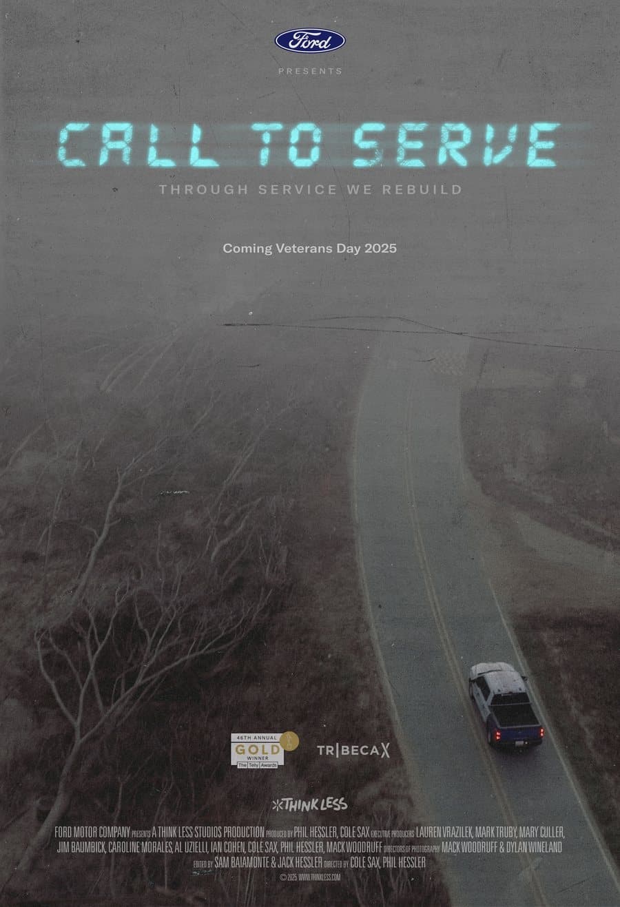 Call to Serve poster: a truck on an empty road through storm-stripped trees, from above.