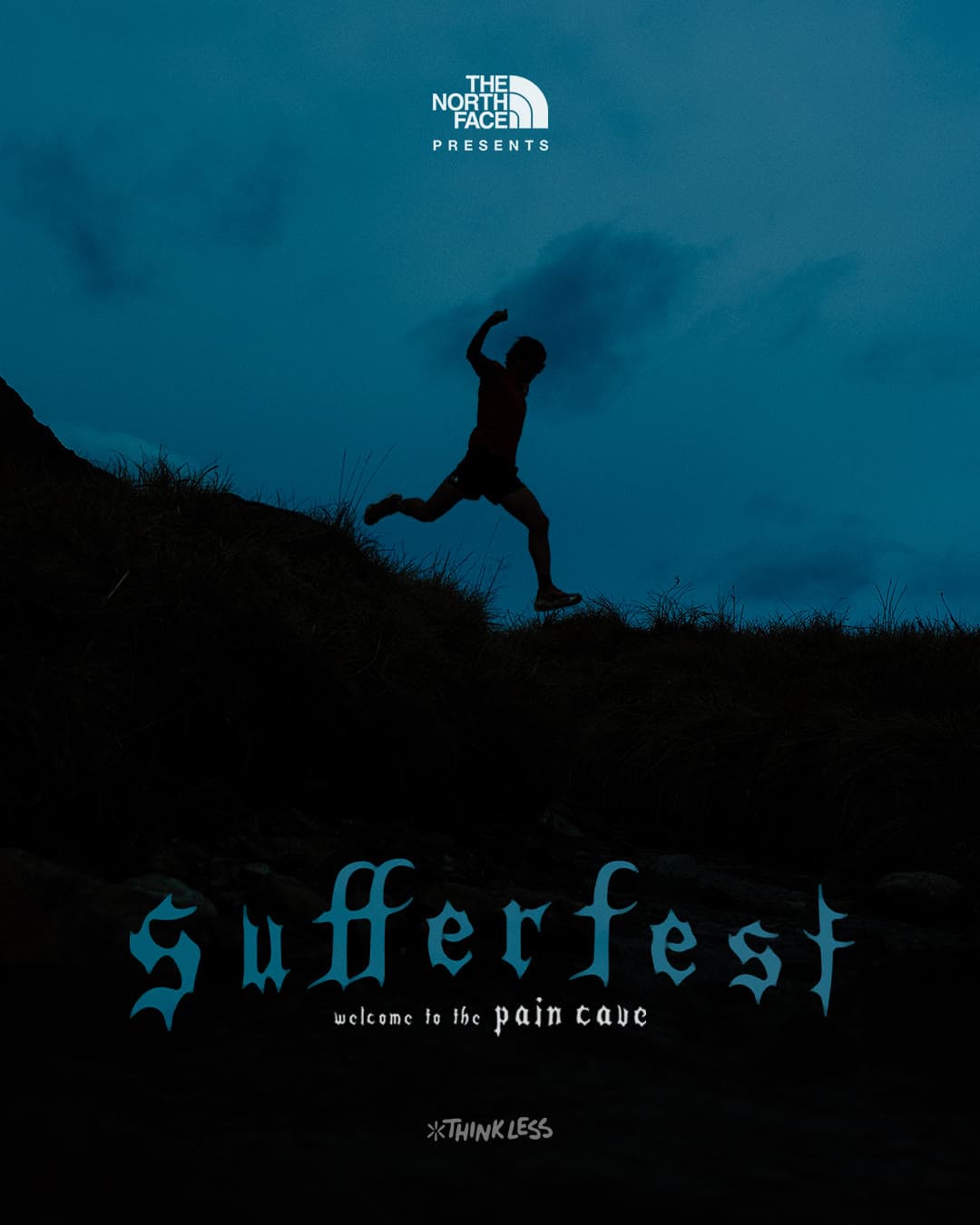 Sufferfest key art: a runner leaping a dark ridge line at dusk under the series logotype and the line “welcome to the pain cave”.