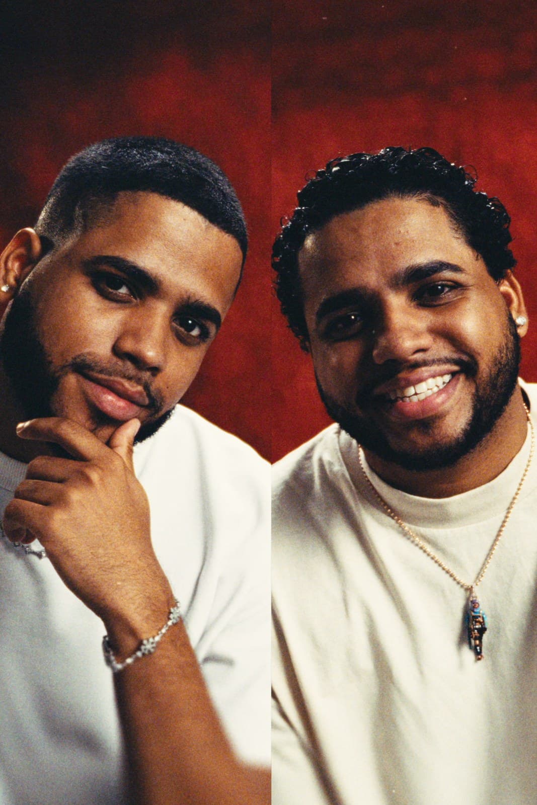 The Ventura Twins in the studio against a red backdrop.