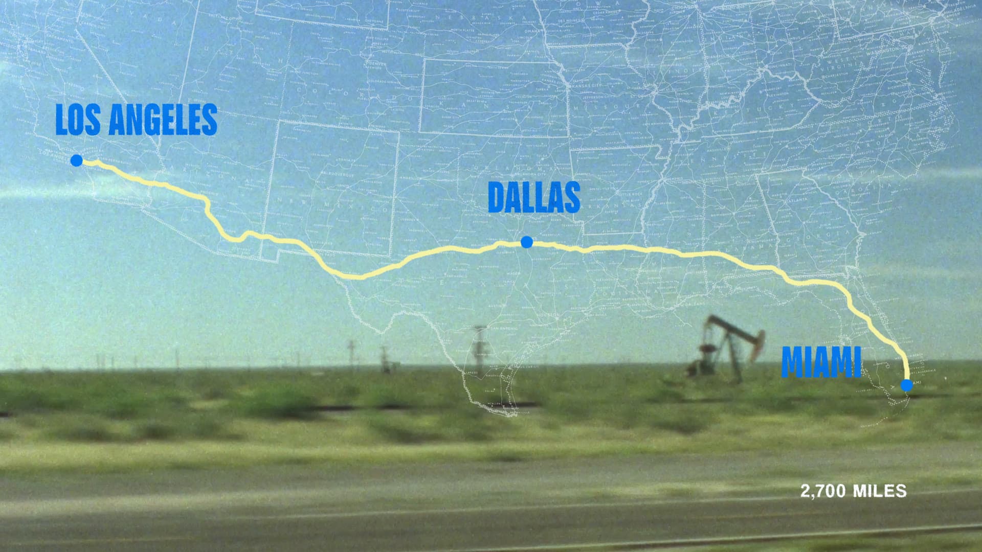 The series route map: a hand-drawn line from Miami through Dallas to Los Angeles, 2,700 miles.