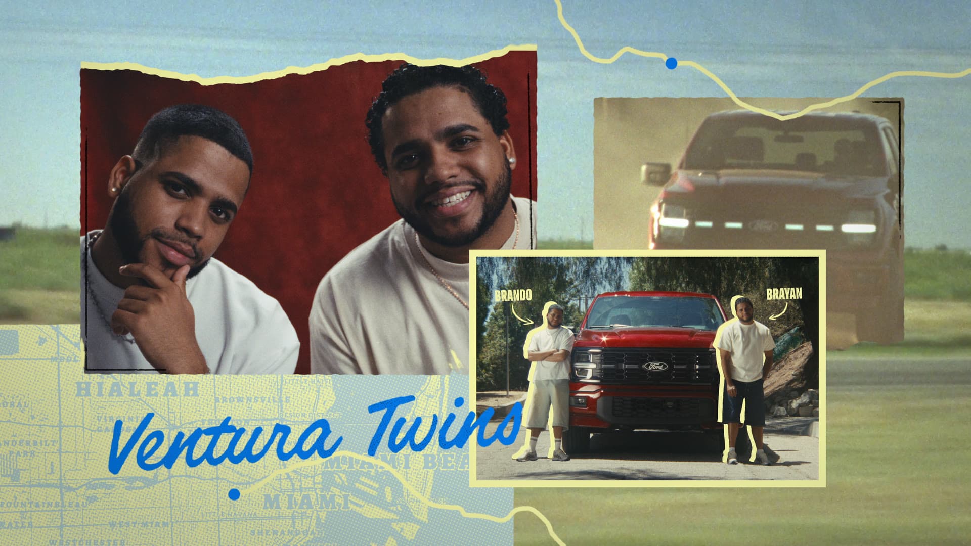 The Ventura Twins collage: torn-paper portraits of the twins beside a photo of them with the F-150.