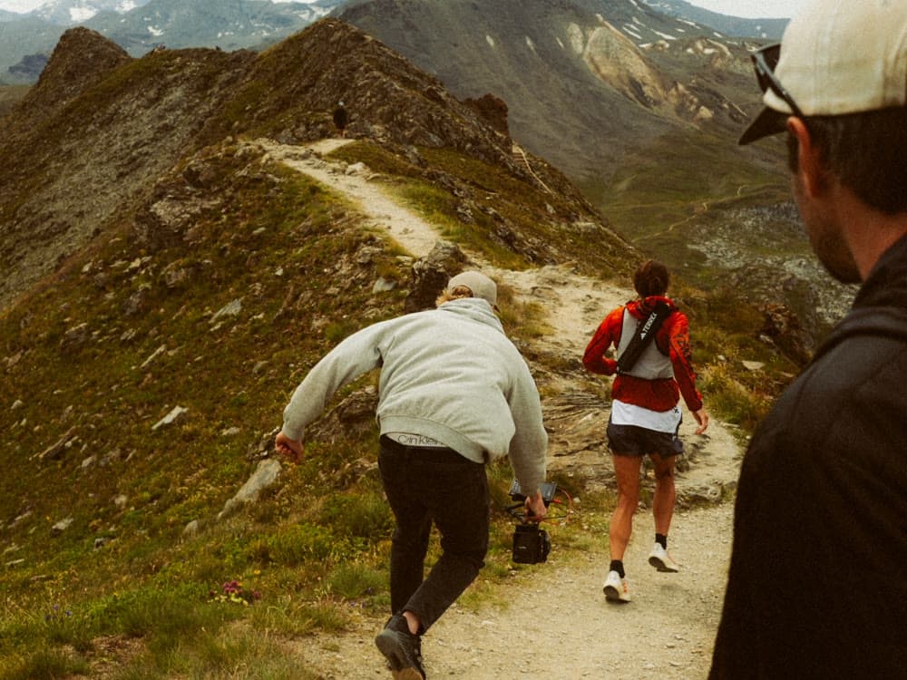 The crew filming runners on a climb.
