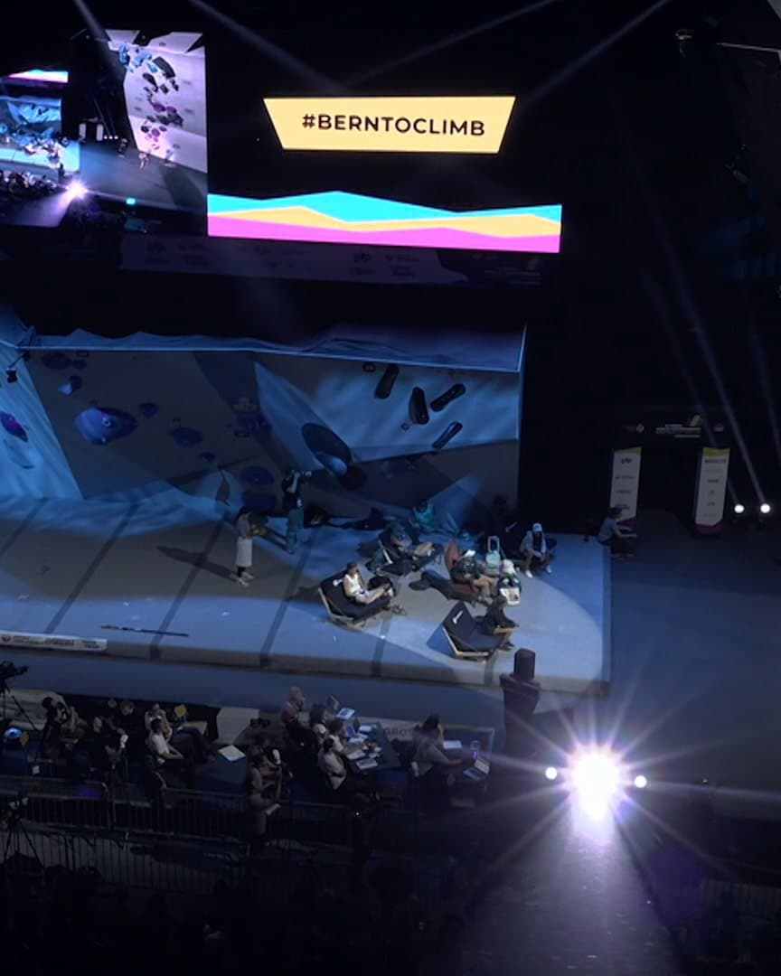 The Bern arena from above, the wall lit for the final.