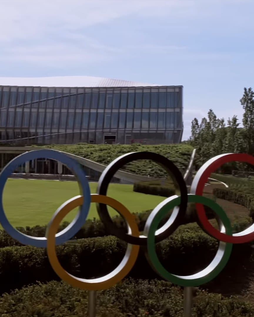The Olympic rings outside the IOC headquarters in Lausanne.